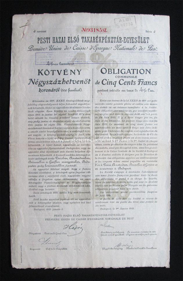 Pesti Hazai Első Takarékpénztár 4% kötvény 500 frank 1913